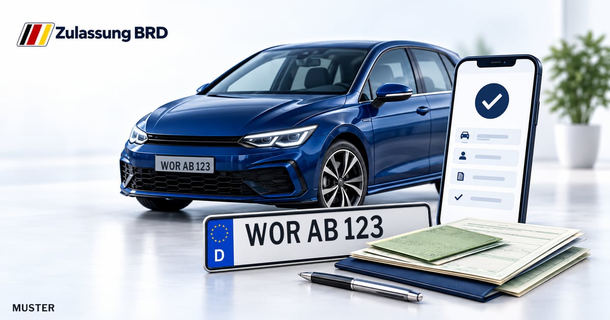 Online Fahrzeugzulassung in Landkreis Bad Tölz-Wolfratshausen: Musterkennzeichen WOR AB 123, Auto und Fahrzeugpapiere und Smartphone. Illustration mit Logo von Zulassung BRD.